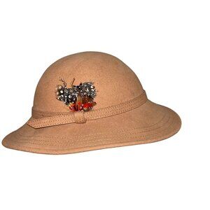 Adolfo II Vintage Womens Hat 21 Inch Tan Cloche Feathers Inside Circumference